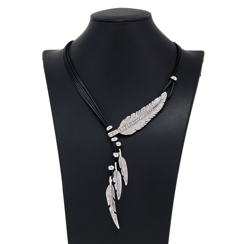 Elegant feather, leaf, diamond studded multi-layer tassel sweater necklace