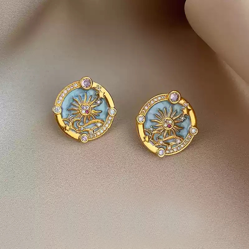 Enamel Sun Moon Mythical Earrings [Detail Micro inlaid Zircon]