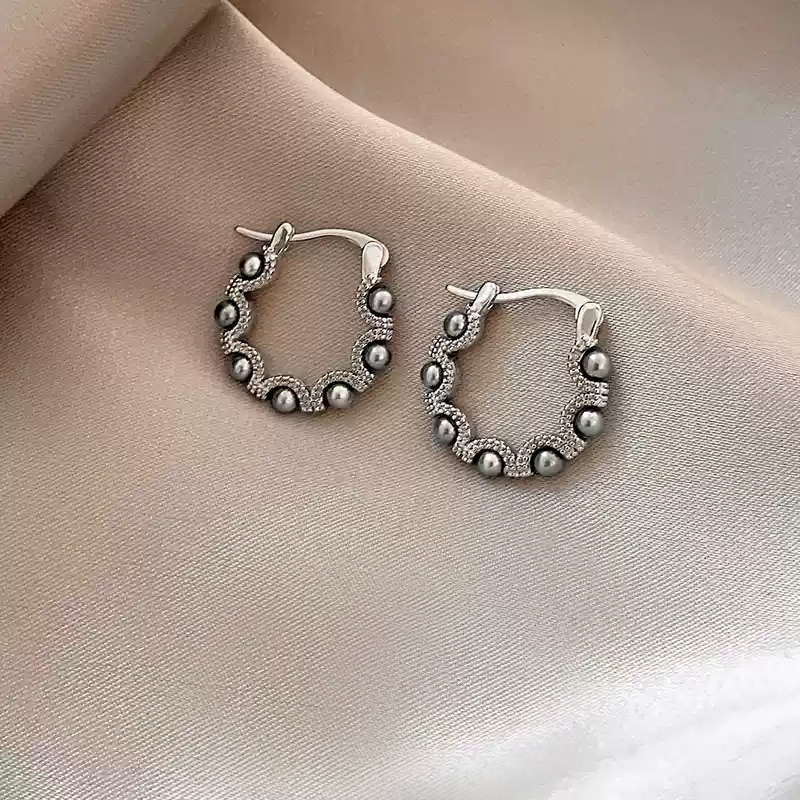 Silver Grey Pearl Zircon Earrings~