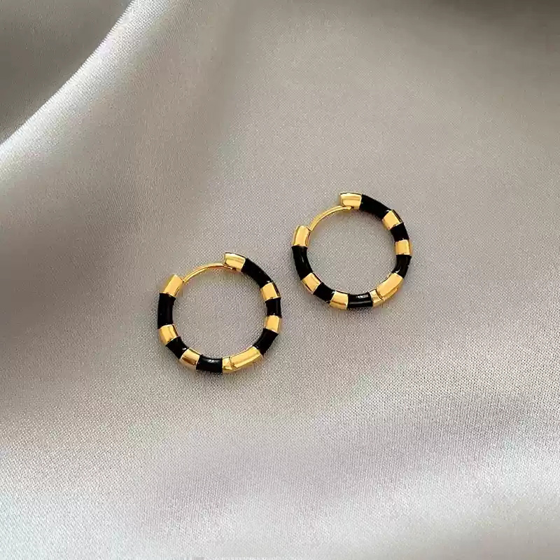 Black gold contrasting enamel earrings/925 silver stud post pair