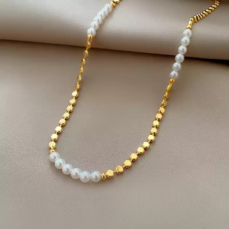 Golden Bean and Pearl Splicing Necklace 【 Approximately 40cm+6cm in Length 】