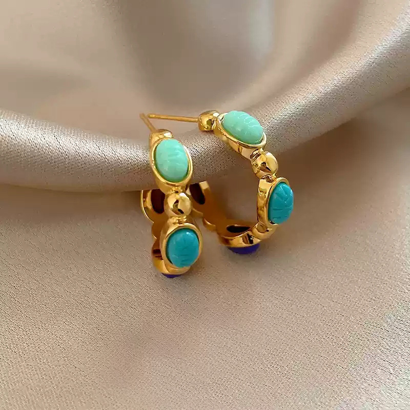 Turquoise C-shaped earrings/925 silver stud posts pair