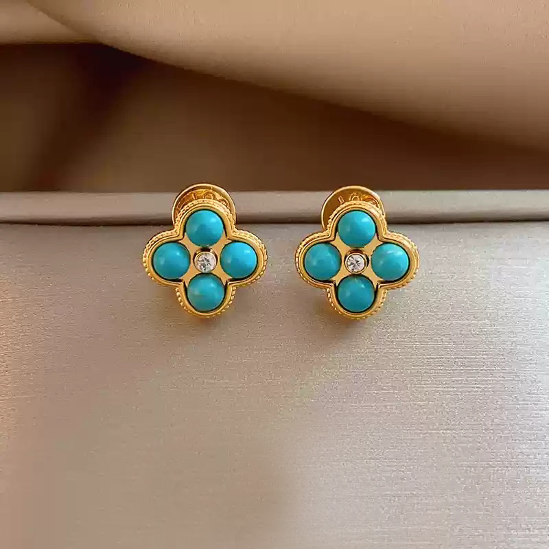 A pair of natural turquoise clover earrings and 925 silver stud posts