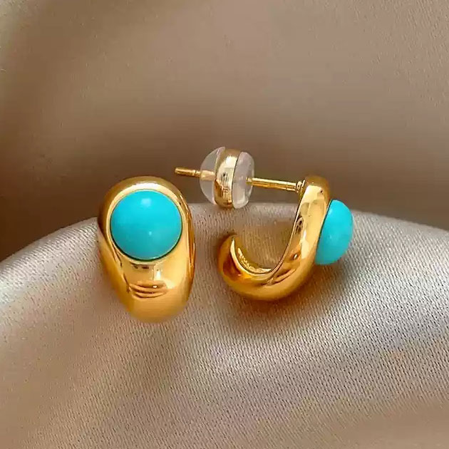 Smooth turquoise earrings/925 silver stud posts pair