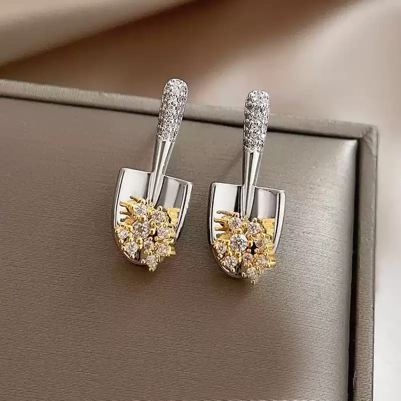 Gold and silver contrasting shovel earrings/925 silver stud posts pair