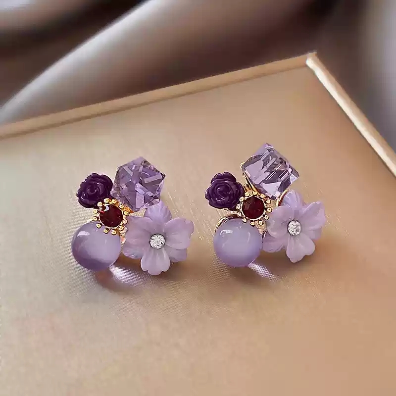 Purple crystal flower earrings