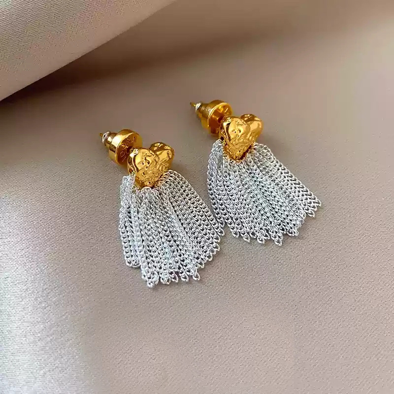 Gold and silver contrasting heart-shaped tassel earrings/925 silver stud posts pair