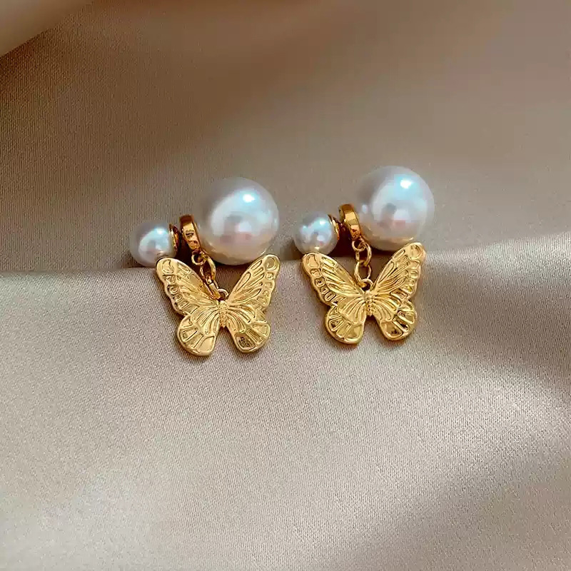 Pearl gold butterfly earrings