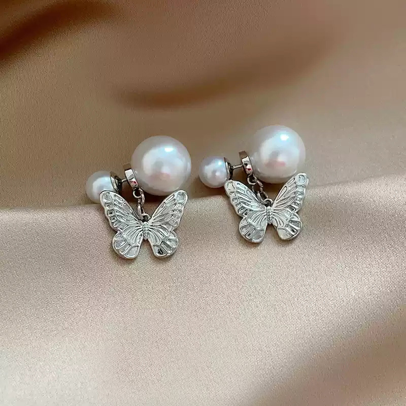 Pearl silver butterfly earrings