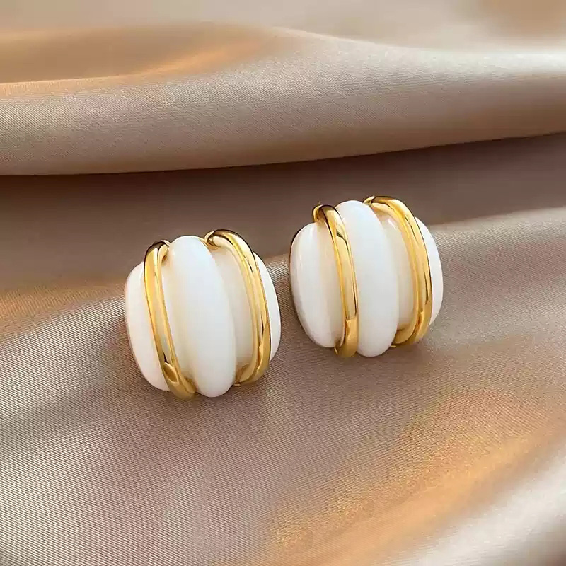 Golden white drop glazed earrings [925 silver stud post]