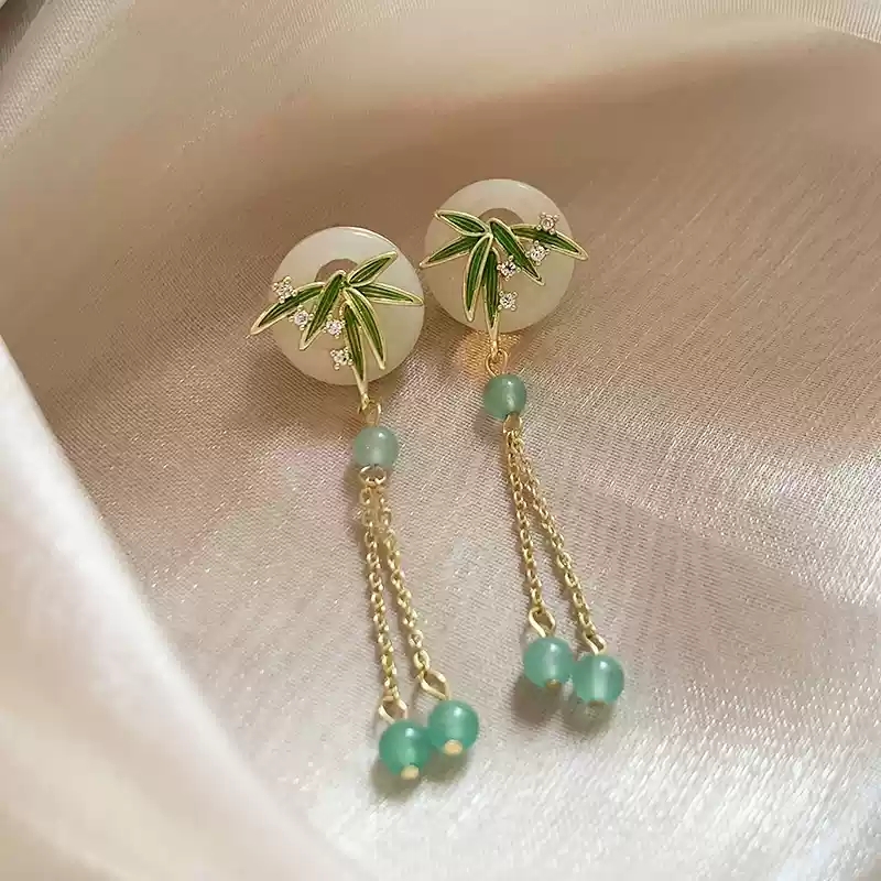 White jade bamboo leaf tassel earrings