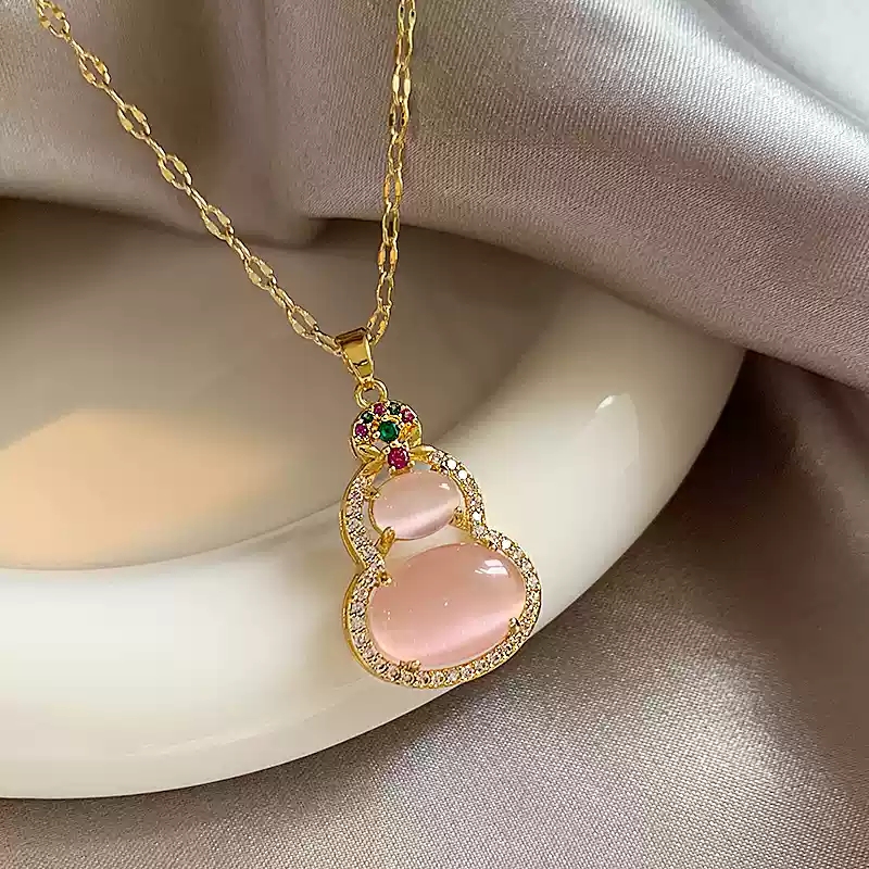 Pink cat eye stone gourd necklace