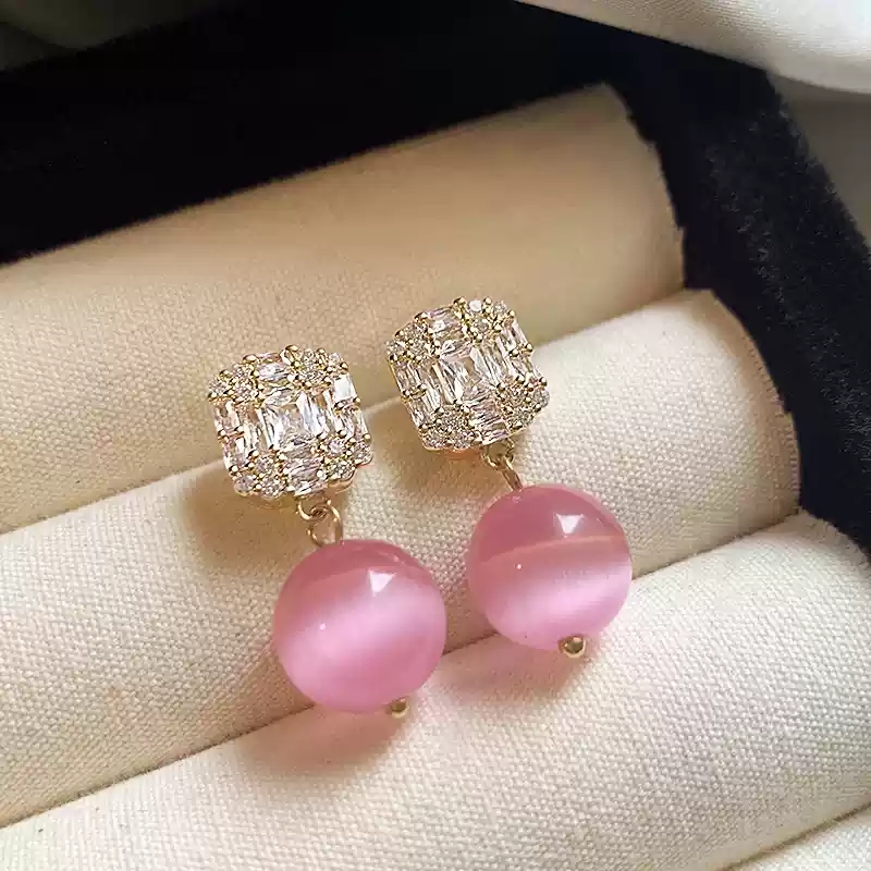 Pink round bead zircon earrings