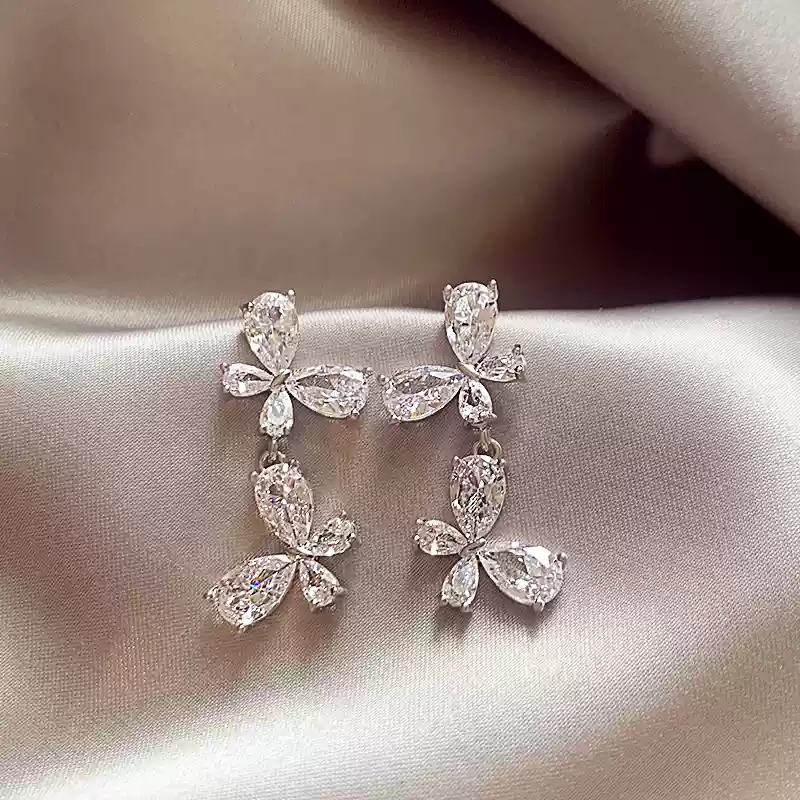 Silver zircon butterfly earrings